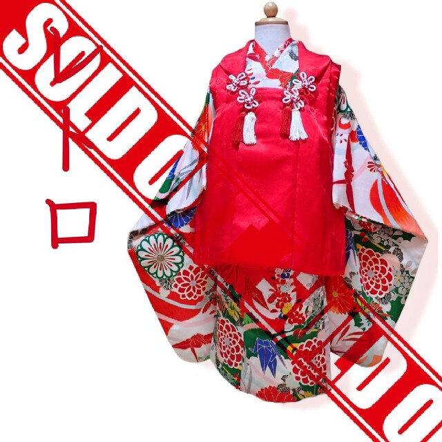 ★sold out★　3歳　レトロ白折鶴菊　被布セット　七五三　アンティークひな祭り