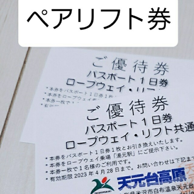 天元台高原スキー場ロープウェイ共通パスポート1日券2枚よろしくお願いします