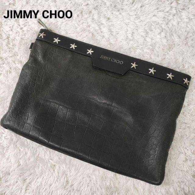 美品】JIMMY CHOO ジミーチュウ クラッチバッグ クロコ型押し 黒