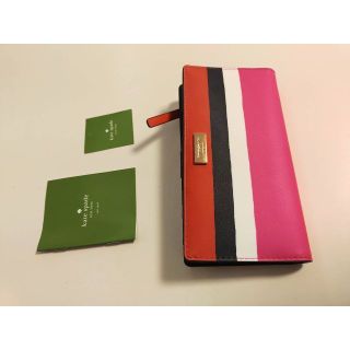 ケイトスペードニューヨーク(kate spade new york)の薄型姫ケイトスペード長財布ピンク赤白黒カラフル色鮮やかストライプ春夏ボーダー牛革(財布)