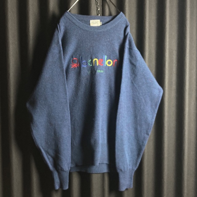 【くすみカラー】ベネトン　刺繍ロゴ　ビンテージ　ウールニットセーター