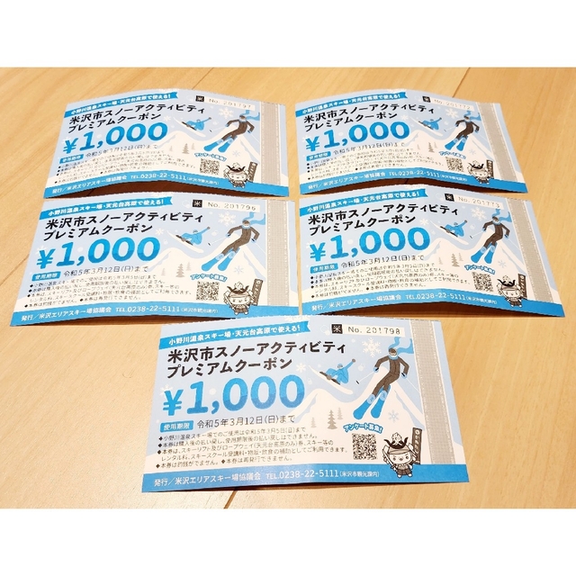 金券5000分 天元台高原 小野川温泉 スキー場 飲食補助 レンタル補助等 チケットの施設利用券(その他)の商品写真