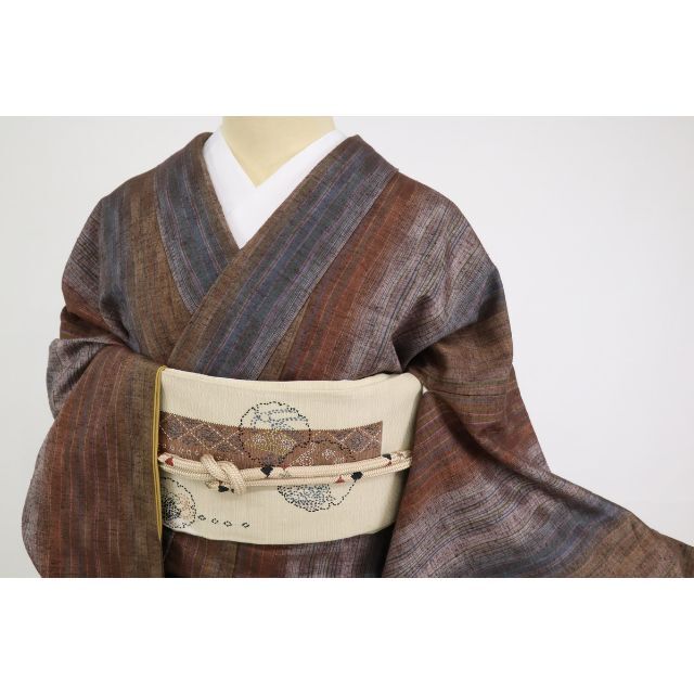 長尺◇ぜんまい紬□よろけ縞市松模様◇濃淡茶多色◇袷正絹着物 長尺◇ぜんまい紬□よろけ縞市松模様◇濃淡茶多色◇袷正絹着物