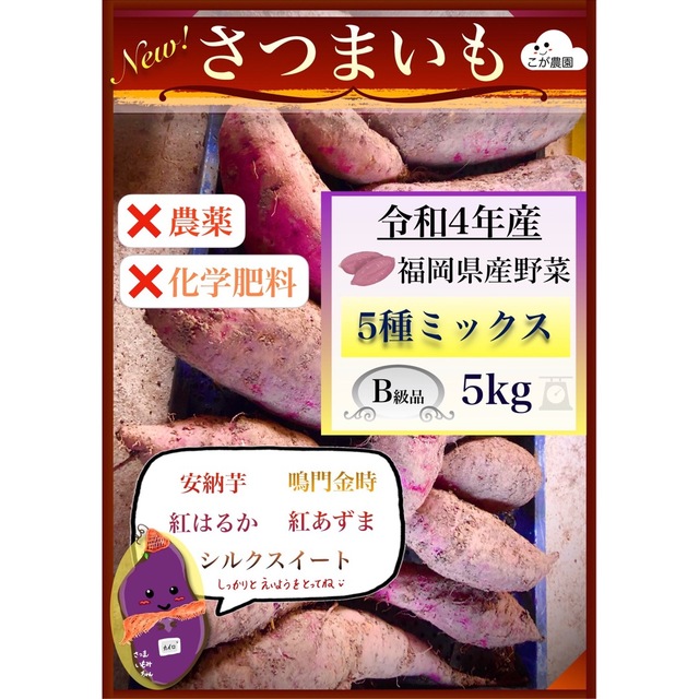 無農薬野菜のさつまいも『5種ミックス』訳ありB級品 5kg | フリマアプリ ラクマ