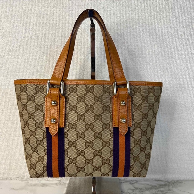 Gucci(グッチ)の【美品】GUCCI グッチ　キャンバスレザー　トートバッグ　オレンジ レディースのバッグ(トートバッグ)の商品写真