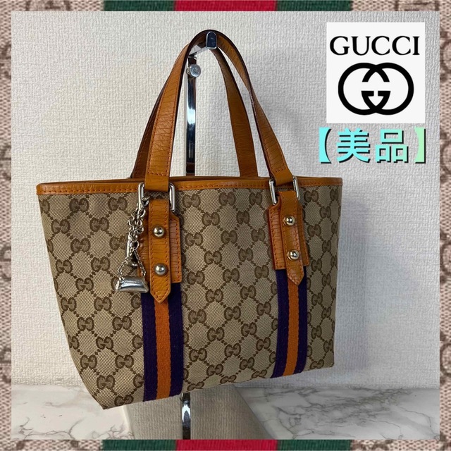 Gucci(グッチ)の【美品】GUCCI グッチ　キャンバスレザー　トートバッグ　オレンジ レディースのバッグ(トートバッグ)の商品写真