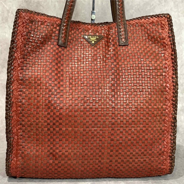 美品】PRADA プラダ トートバッグ 編み込み マドラス 三角ロゴ レザー