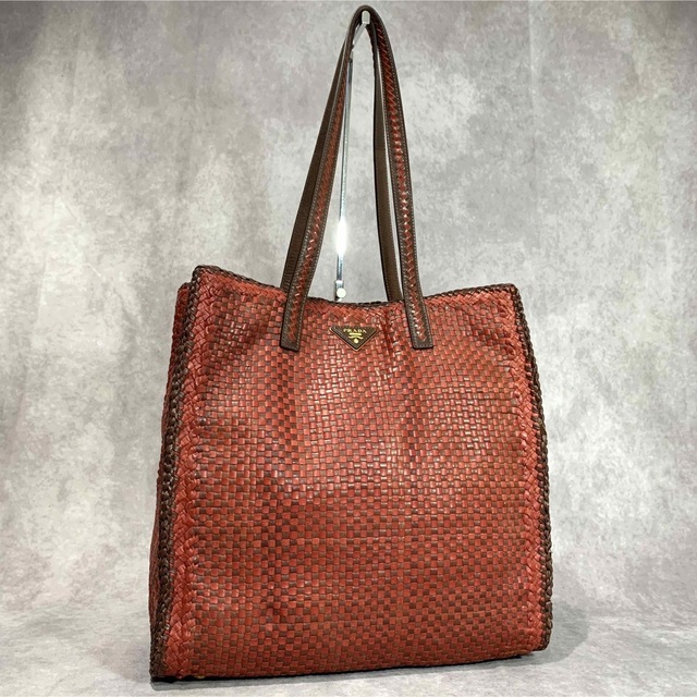 美品】PRADA プラダ トートバッグ 編み込み マドラス 三角ロゴ レザー