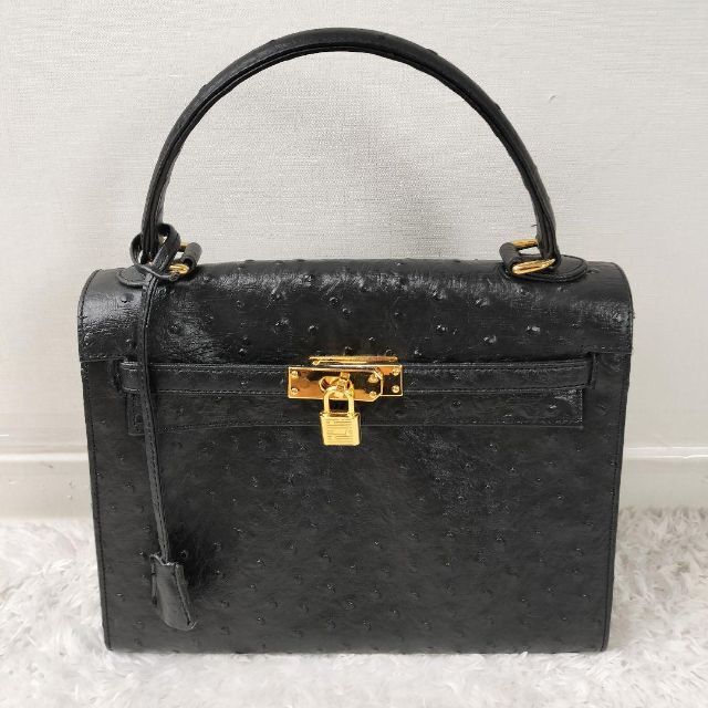 美品✨オーストリッチ 2way ハンドバッグ カデナ ターンロック ブラック-