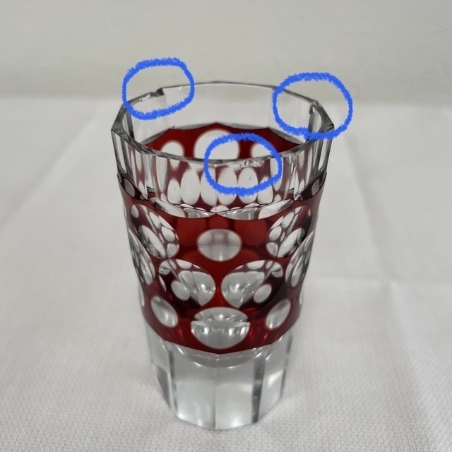切子グラス 3個セット 大正〜昭和初期? モダン 赤 水玉 レトロ 工芸