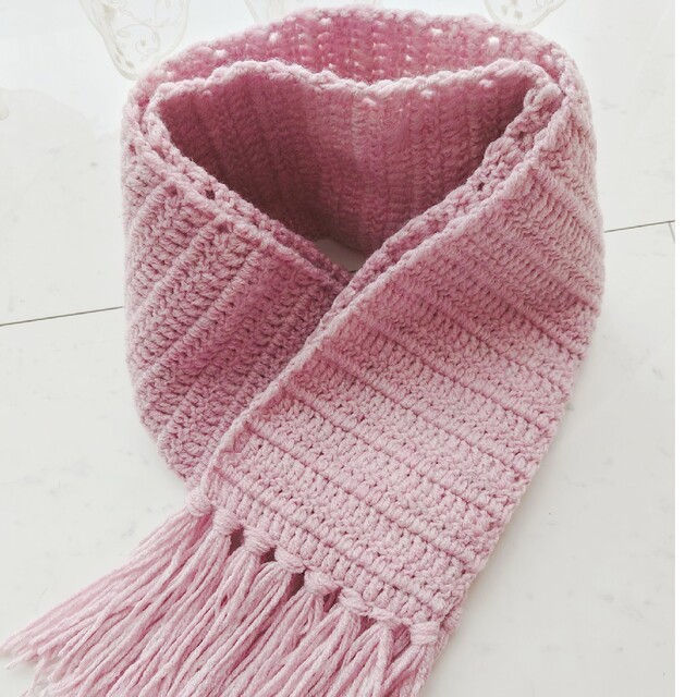 マフラー 長編み フリンジ ピンク 編み 手編み 編み物