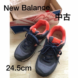 ニューバランス(New Balance)のニューバランス 24.5cm スニーカー ブルー オレンジ ♡ 中古(スニーカー)