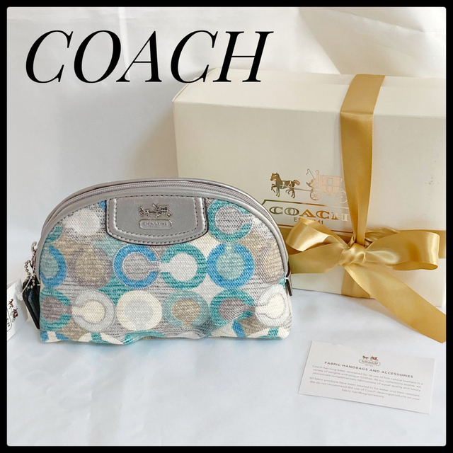 未使用☆COACH NEWYORK ブルーグリーン ラメ入り プリント ポーチプレゼント