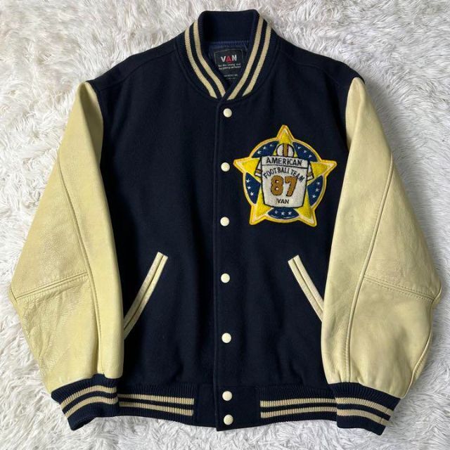 激安店舗 【激レア】VAN JACKET スタジャン 袖レザー ネイビー L