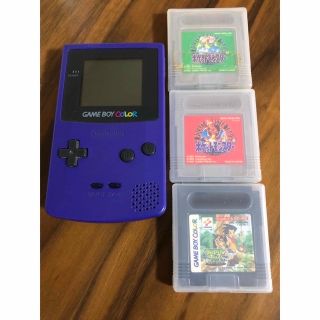 ニンテンドウ(任天堂)のゲームボーイカラーパープル＋ソフト(ポケモン緑・赤、サバイバルキッズ)(携帯用ゲーム機本体)