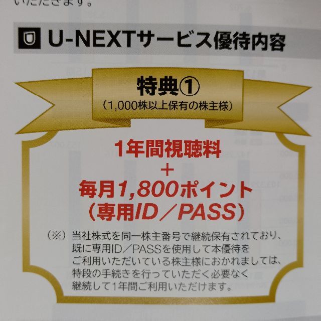 USEN 株主優待 U-NEXT1年間視聴料無料+毎月1800ポイント送料