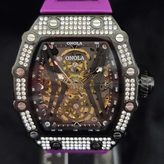 自動巻き パープル ラバーバンド メーカー箱付き ウォッチ 腕時計 トノー 樽型(腕時計(アナログ))