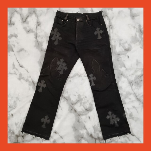 CHROME HEARTS クロムハーツ JEAN SL FLEURKNEE クロスパッチカスタムウォッシュドフレアニーステッチデニムパンツ ブラック/ピンク/ホワイト