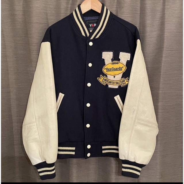 VAN Jacket - 80s 古着 VAN スタジャン 本革 白 紺 袖革 マイケル