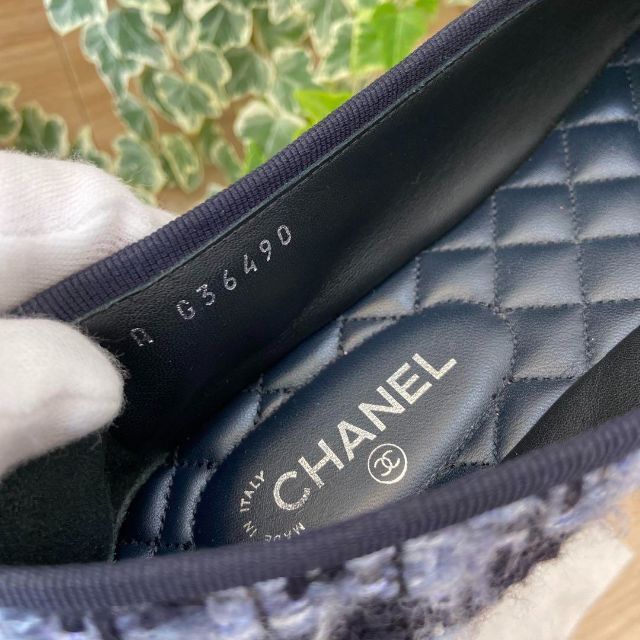 CHANELシャネル フラットシューズ 38 24.5cm ツイードココマーク