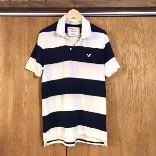 アメリカンイーグル(American Eagle)のアメリカンイーグル　半袖ポロシャツ　White×Navy ボーダー　Lサイズ(ポロシャツ)