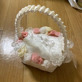 リングピロー　白　ピンク　カゴ　ハンドメイド(リングピロー)