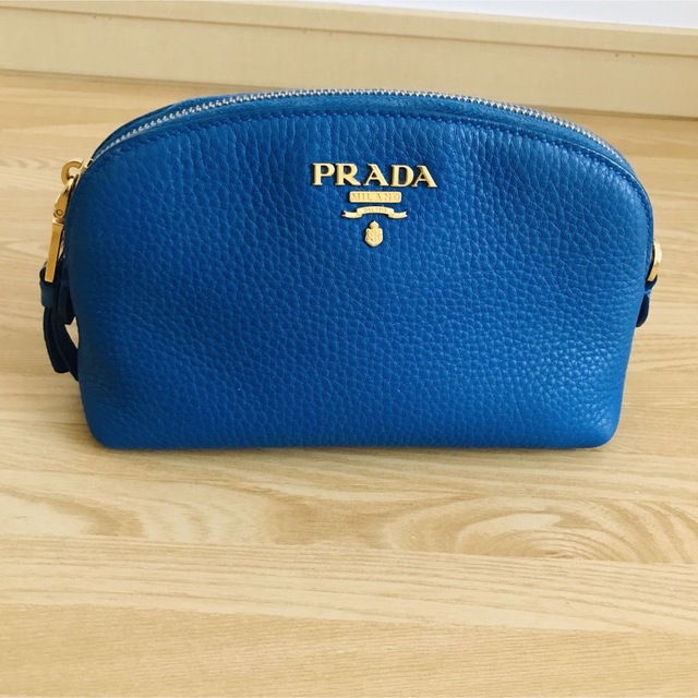 5cmカラーブルー美品 PRADA プラダ ドーム型 レザー ポーチ ブルー