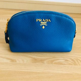 プラダ(PRADA)の美品　PRADA プラダ　ドーム型　レザー　ポーチ　ブルー(ポーチ)