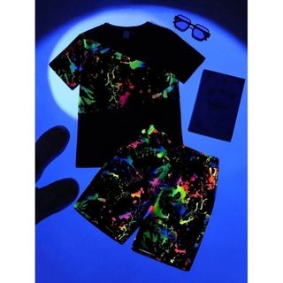 アンダーアーマー(UNDER ARMOUR)の【新品未使用】160㎝　ペンキ柄　派手柄　ネオン　反射Tシャツ+パンツ2点セット(パンツ/スパッツ)