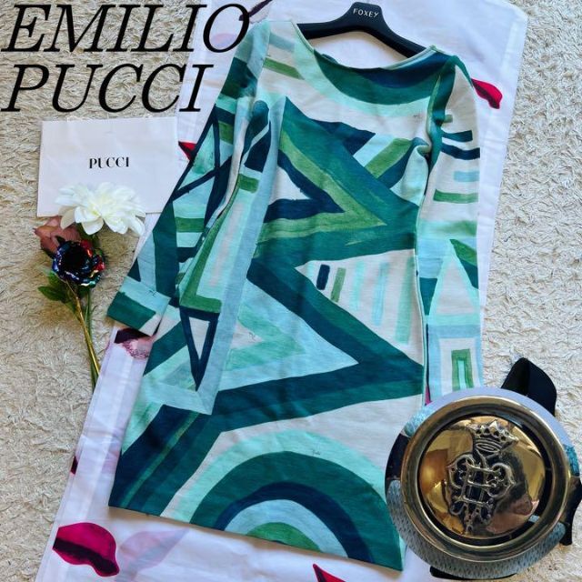 最高級のスーパー 【良品】EMILIO PUCCI 40 長袖 グリーン プッチ柄 膝