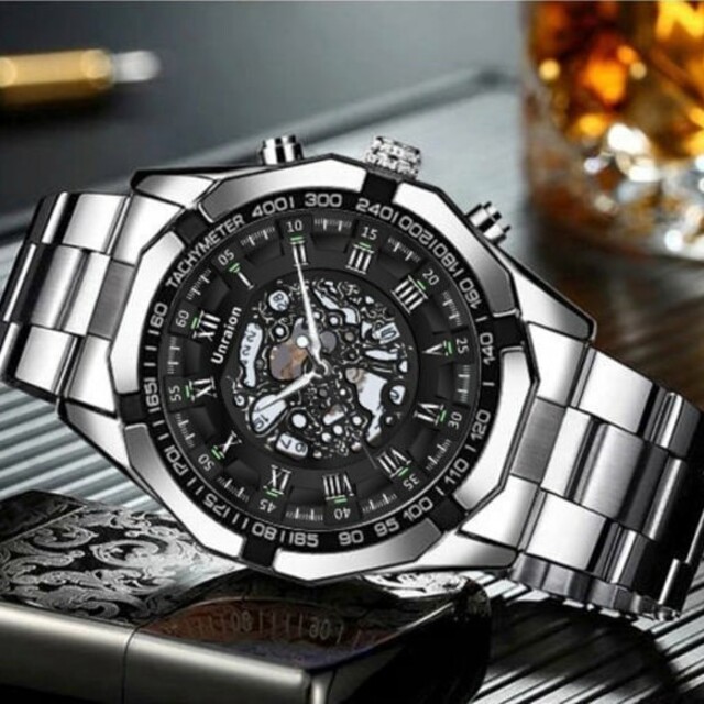 新品 彫スケルトンUnraion 腕時計メンズ ラグジュアリーステンレス 黒