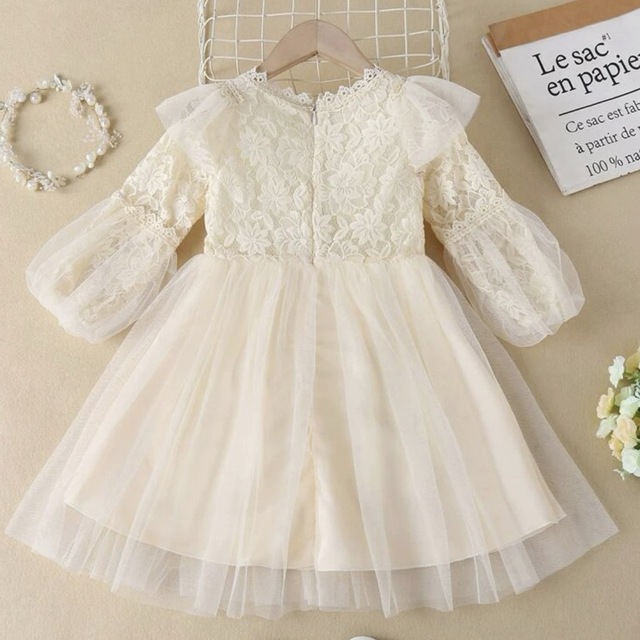 女の子　コントラストレース ランタンスリーブ メッシュ ドレス キッズ/ベビー/マタニティのキッズ服女の子用(90cm~)(ワンピース)の商品写真