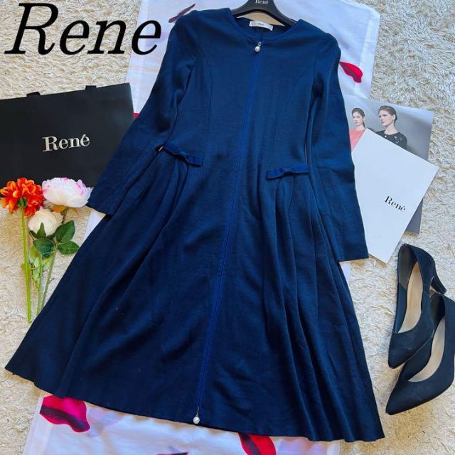 良品】Rene コートワンピース ネイビー フレア リボン パール 36