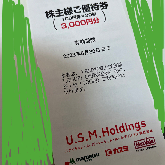 カカさん専用U.S.M　マルエツ　カスミ　マックスバリュ3000円分 チケットの優待券/割引券(ショッピング)の商品写真