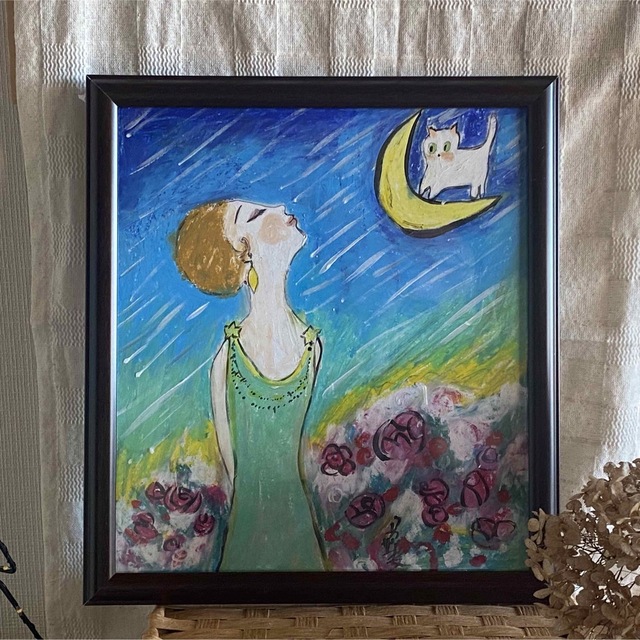 絵画 。壁掛け絵原画【美しい月の光と流星雨の中で願い事をする少女と白猫の出会い】似顔絵
