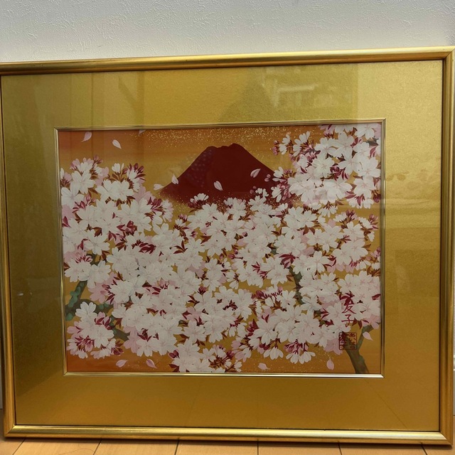 超人気の 開運絵画 あいはら友子 金バックに赤富士に満開桜 6号 絵画+