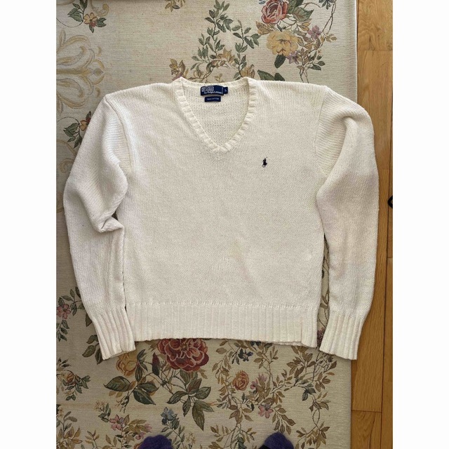 【美品】POLO 長袖ニット 白 Vネック ポロラルフローレン