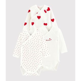 プチバトー(PETIT BATEAU)のプリント長袖あわせボディ３枚組　ハート　合わせボディ肌着　前開き　新生児　3m(肌着/下着)