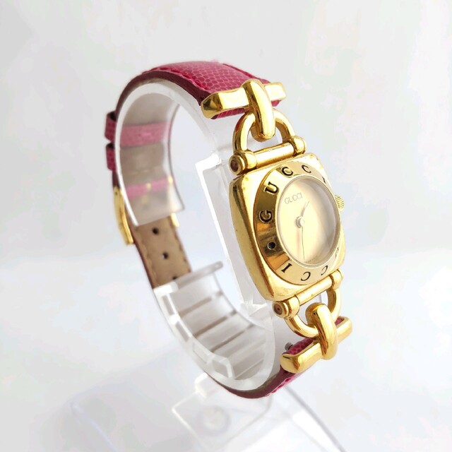 稼働品 グッチ GUCCI 6300L ホースビット ピンク 革ベルト クオーツ