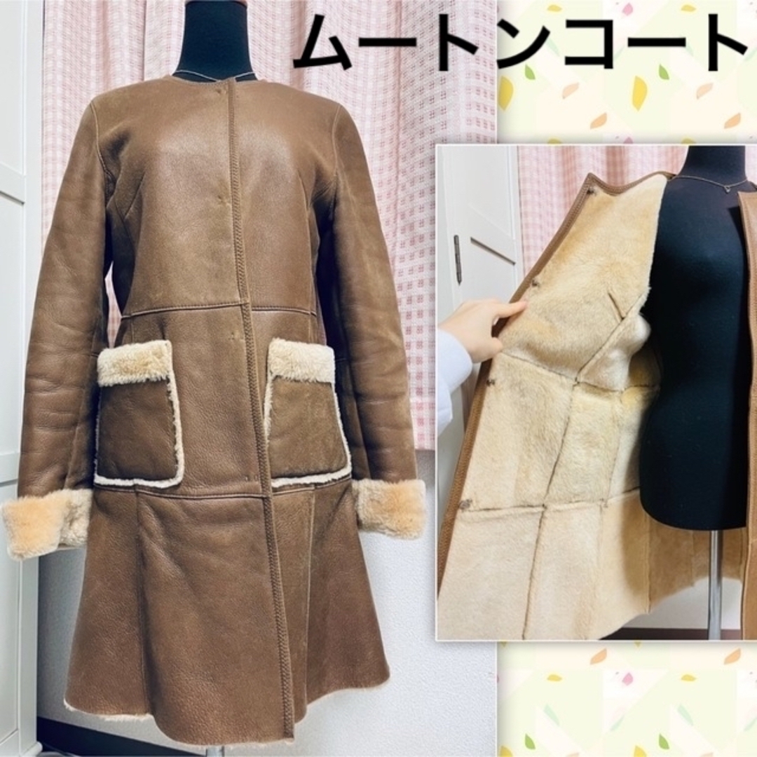 美品 ノーカラーコート ムートンコート オール羊革 本革レザー コート