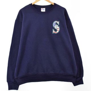 マジェスティック(Majestic)の古着 80年代 マジェスティック Majestic MLB SEATTLE MARINERS シアトルマリナーズ 両面プリント プリントスウェットシャツ トレーナー USA製 メンズL ヴィンテージ /eaa300624(スウェット)