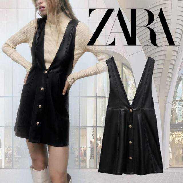 【未使用品】ZARA フェイクレザージャンパースカート-ブラック