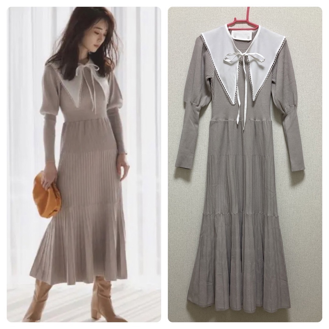 連休セール✨新品❣️ 2WAY衿付きニットワンピース (グレージュ