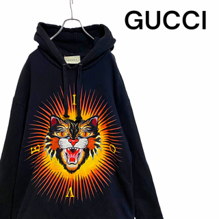 グッチ(Gucci)の【廃盤】GUCCI 刺繍 アングリーキャット パーカー XS メンズ 黒(パーカー)