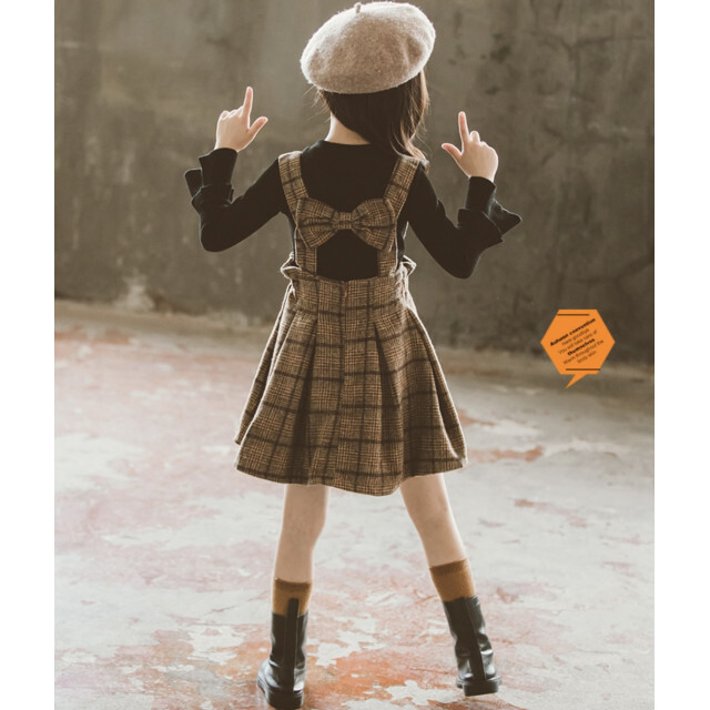キッズ 女子 100 バックリボン チェック ワンピース 茶色 黒 セット キッズ/ベビー/マタニティのキッズ服女の子用(90cm~)(ワンピース)の商品写真