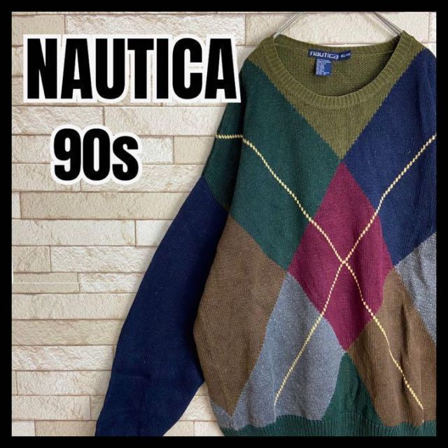 90s NAUTICA ニット セーター アーガイル マルチカラー レア 冬ニット/セーター