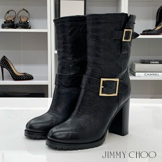 ジミーチュウ(JIMMY CHOO)の4251 ジミーチュウ レザー シワ加工 ベルト ショートブーツ ブラック(ブーツ)