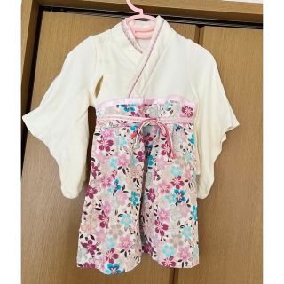 オーガニックコットン 和柄 袴ロンパース　50-70cm 靴下、飾り付き(和服/着物)