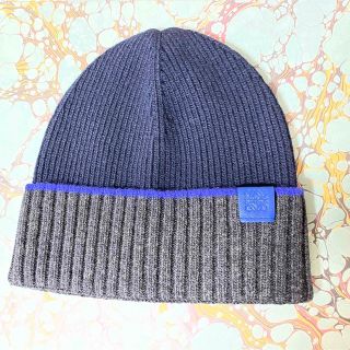 ロエベ loewe レザートリム リブウールビーニー ニットキャップ ネイビー-