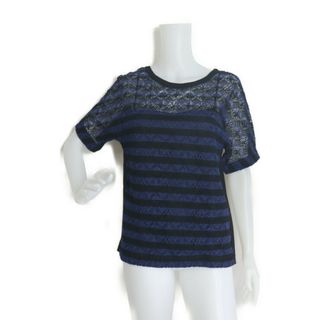 ルイヴィトン(LOUIS VUITTON)のLOUIS VUITTON ルイ ヴィトン  トップス 半袖Ｔシャツ  コットン ポリエステル シルク ブルー ブラック  レース カットソー ボーダー モノグラム柄 M【本物保証】(Tシャツ(半袖/袖なし))